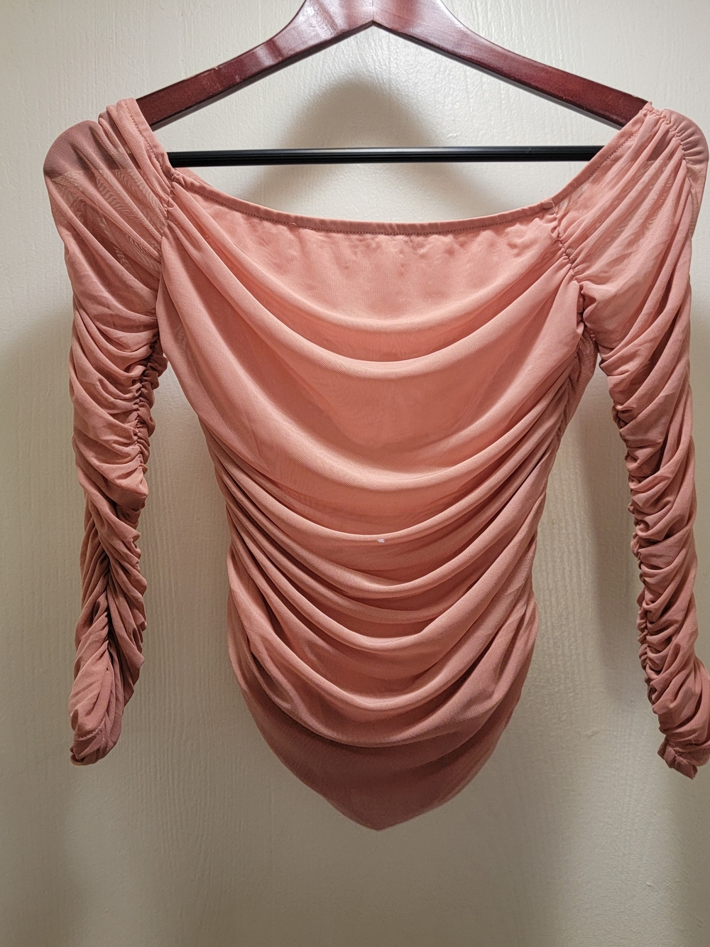 Draped Off-Shoulder Ruched Blouse in Dusty Pink